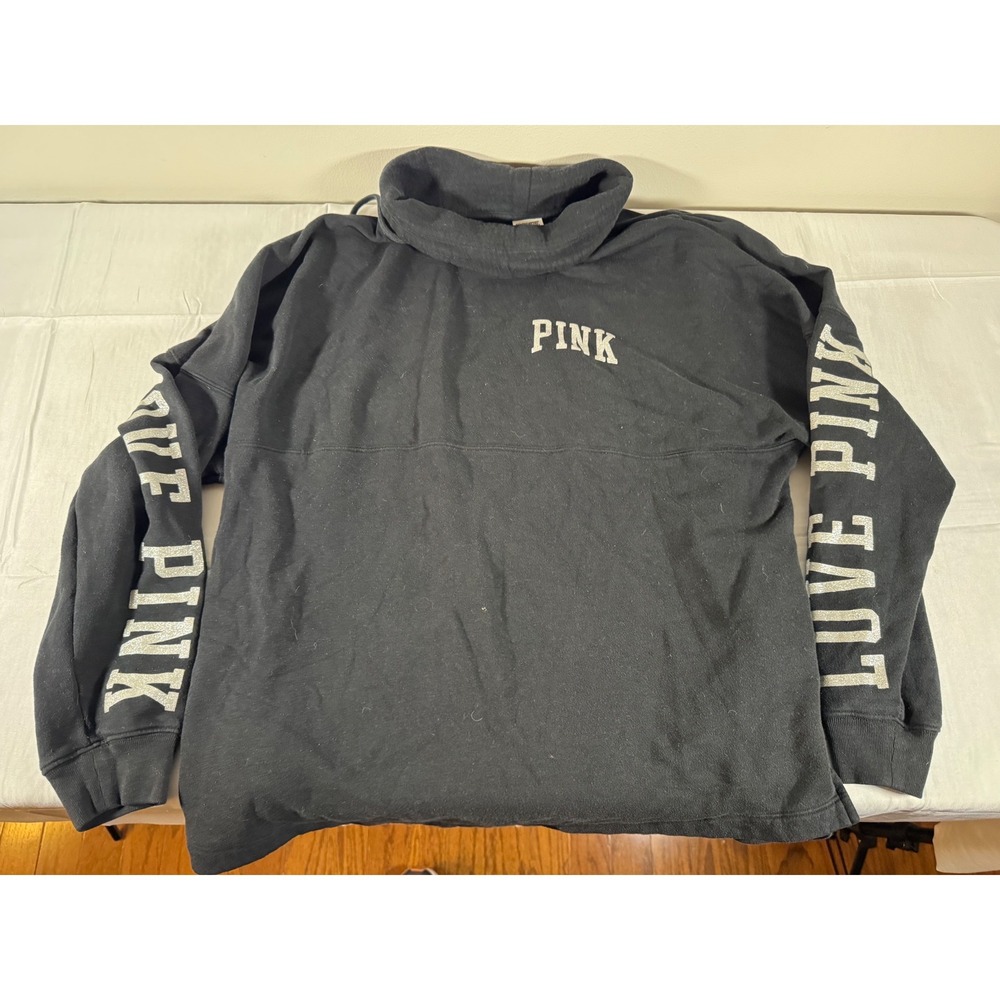 Victoria's Secret PINK Funnel Neck Sweatshirt Black Glitter Logo Pullover L